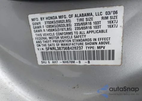 2006 Honda Odyssey Ex-L z USA, uszkodzony, nr VIN 5FNRL38756B428237
